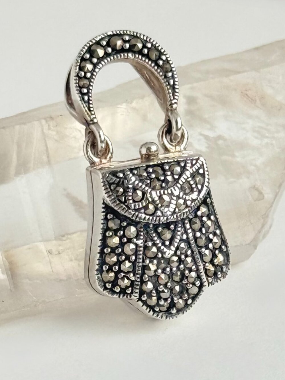 Vintage Sterling Silver Locket Marcasite Victorian Purse Charm Necklace Pendant